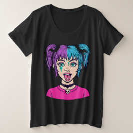 Plus Size Camiseta estilo cartoon de menina fofa Pastel