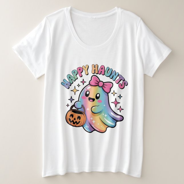Plus Size Camiseta Fantasma Arco-Íris Pastel – Kawaii Hallow (Frente do Design)