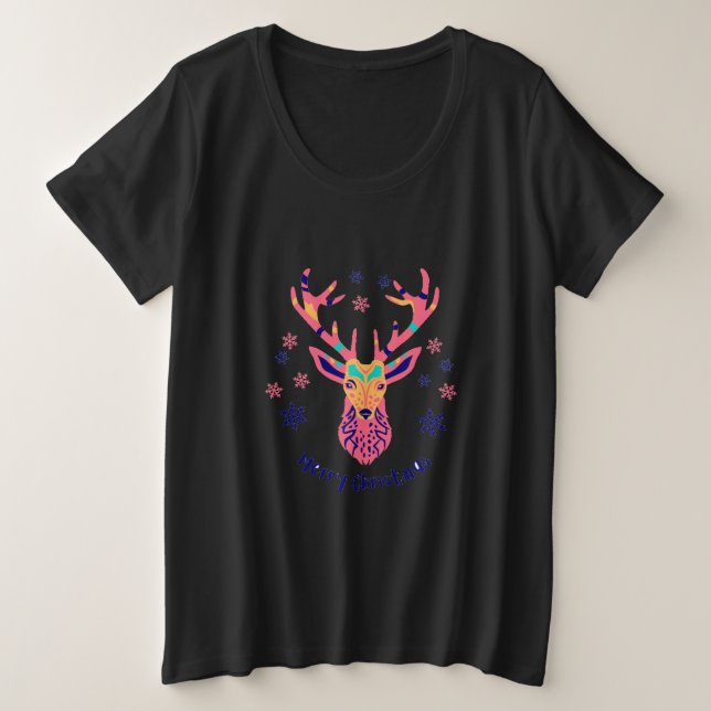 Plus Size Camiseta Feliz Natal dos Cervos e das Estrelas (Frente do Design)