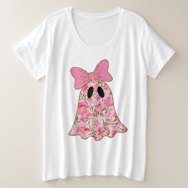 Plus Size Camiseta Floral Ghost – Brilho Rosa e Dourado  (Frente do Design)