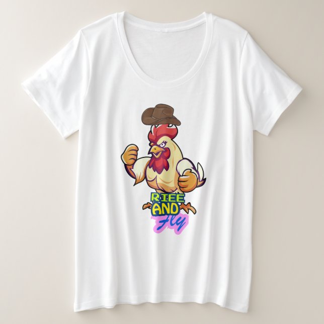 Plus Size Camiseta "Frango Engraçado Levanta e Voa” (Frente do Design)