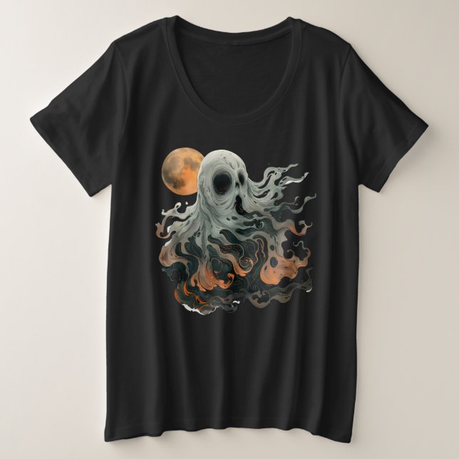Plus Size Camiseta Gráfica com Fantasma Assombroso e Lua (Frente do Design)