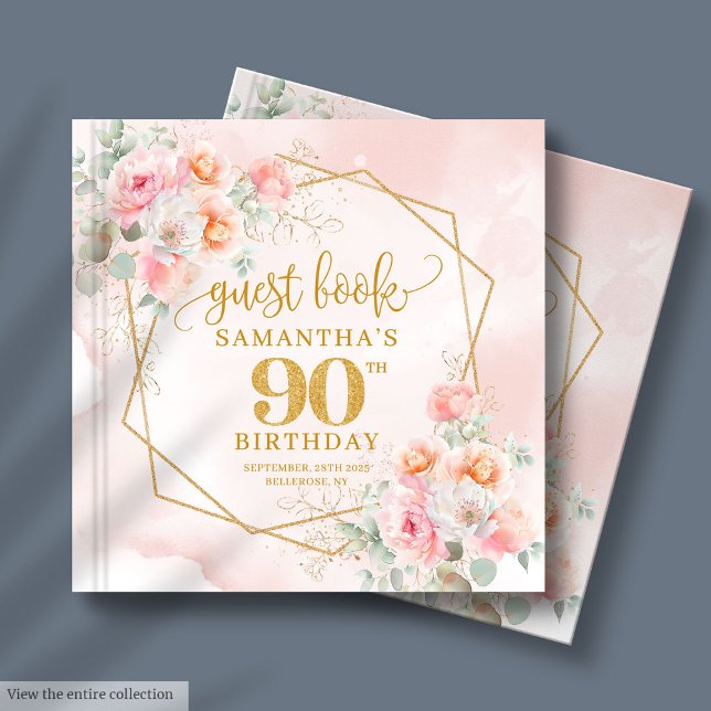 Pó Elegante Flores Douradas Cor-de-rosa 90 Livro C (Elegant Powder Pink Gold Flowers 90th Guest Book)