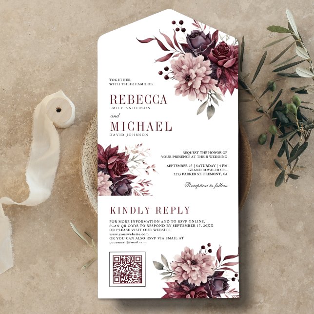Pó Rosa Borgonha Floral Código QR Casamento (Criador carregado)