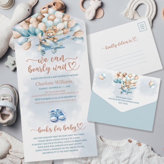 Podemos Esperar Balões Azuis, Urso De Teddy (We can bearly wait with a perforated diaper raffle card, baby shower invitation, blue balloons)