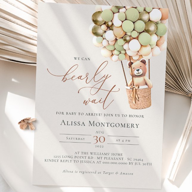 Podemos Esperar! Convite para Chá de fraldas Verde (We can bearly wait ... green and gold, gender neutral baby shower invitation.)