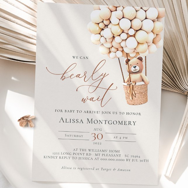 Podemos Esperar! Convite para chás de fraldas (We can bearly wait! Gender Neutral Bear & Balloons Baby Shower Invite.)