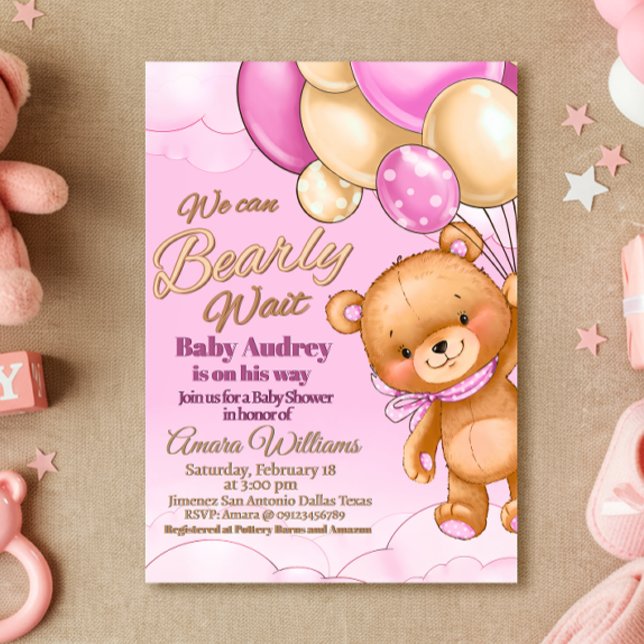 Podemos Esperar - Convite Para Chás de fraldas Rap (We Can Bearly Wait - Girl Baby Shower Invitation)