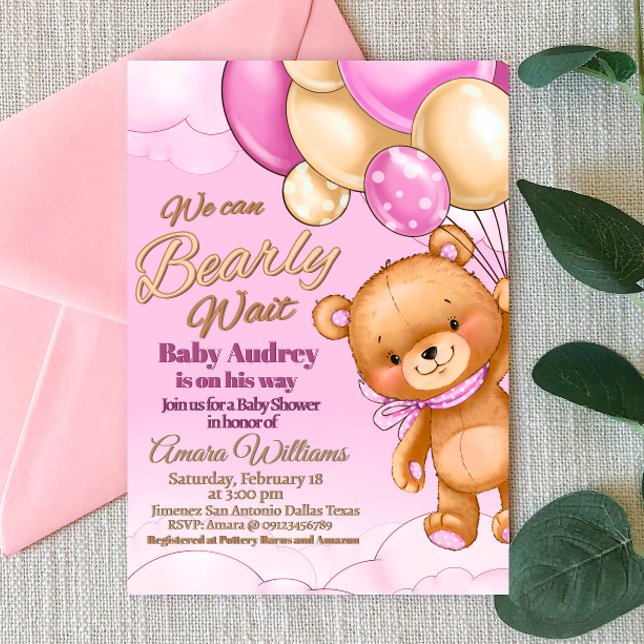 Podemos Esperar - Convite Para Chás de fraldas Rap (We Can Bearly Wait - Girl Baby Shower Invitation)