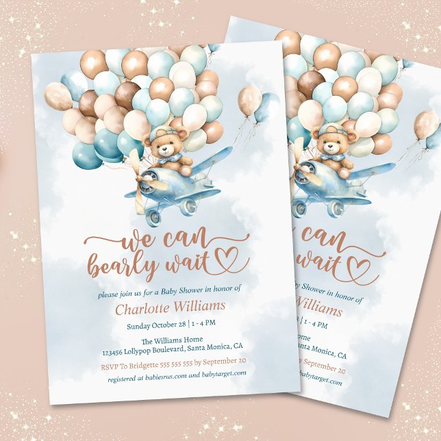 Podemos Interromper O Convite De Chá de fraldas De (We can bearly wait baby shower invitation, teddy bear, blue balloons)
