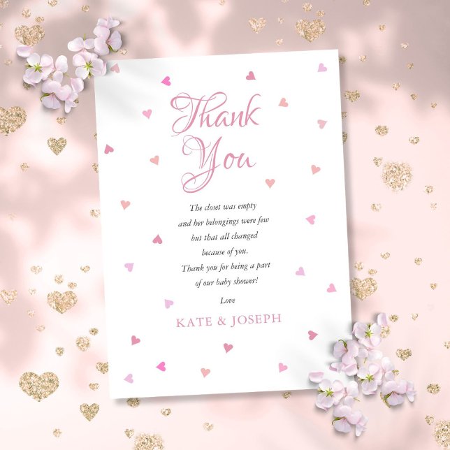 Poema de Agradecimento para Chás de Bebê com Coraç (Pink Hearts Girl Baby Shower Thank You Poem)