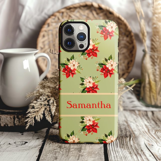 Poinsettia Botânica de Natal Elegante (pretty mint green and classic christmas poinsettia phone case with name)