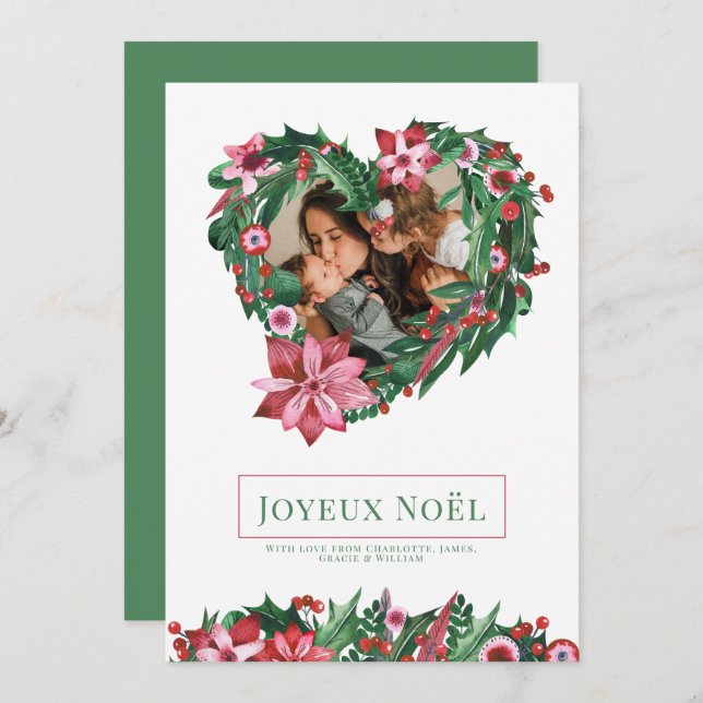 Poinsettia Heart Wreath Joyeux Noël Cartão de Nata (Frente/Verso)
