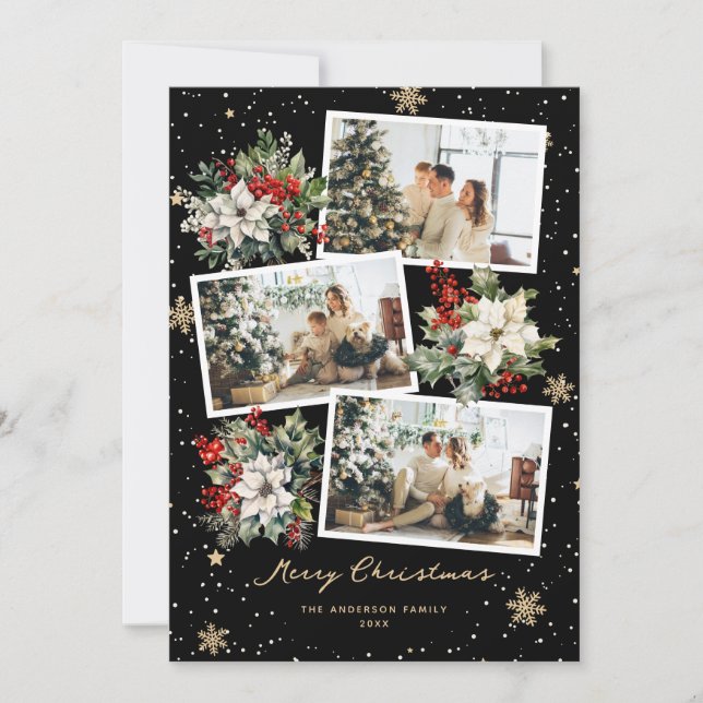 Poinsettia Holly Black Foto Feliz Cartão de Natal (Frente)