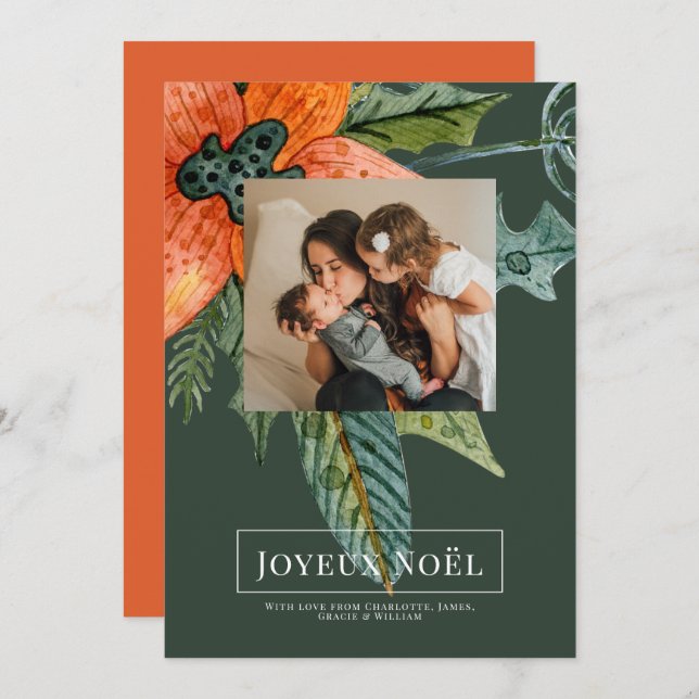 Poinsettia Joyeux Noël Cartão de Natal Elegante (Frente/Verso)