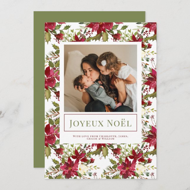 Poinsettia Joyeux Noël Cartão de Natal Elegante (Frente/Verso)
