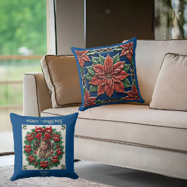 Poinsettia na Almofada Azul de Lançar