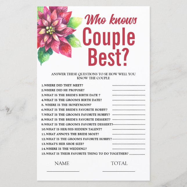 Poinsettia Who knows Couple  Bridal Shower Game (Frente)