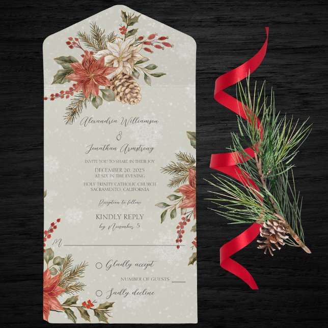 Poinsettias com azevinho sobre verde sage coberto  (Also available with QR code. )