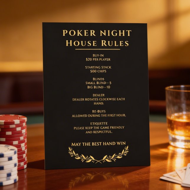 Poker Night House Rules Sign Black and Gold (Criador carregado)