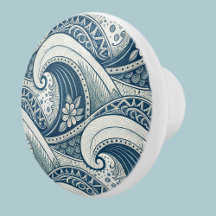 Polynesian Beach Waves and Flowers Ethnic Pattern