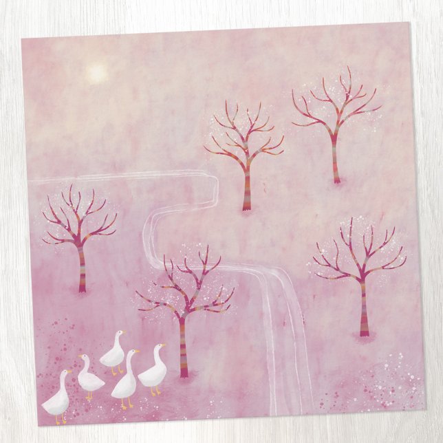 Pomar rosa com cartão de pintura de paisagem em ga (Modern landscape painting of geese in an orchard in pink.  Contemporary art greetings card.)