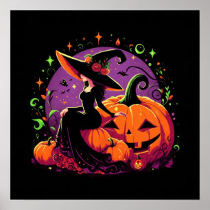 Ponderando bruxa sentada em uma Poster de abóbora
