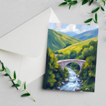 Ponte do Rio da Montanha Cartão de Aquarela Verde