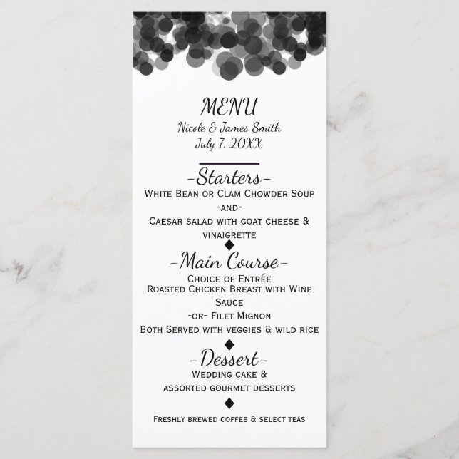 Pontos de Caviar Preto e Branco Menu de Casamento  (Frente)