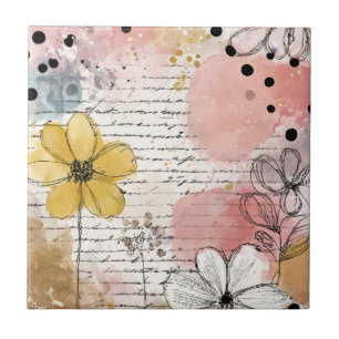 Pontos Polka Preto Branco - Esboços Florais Rosa