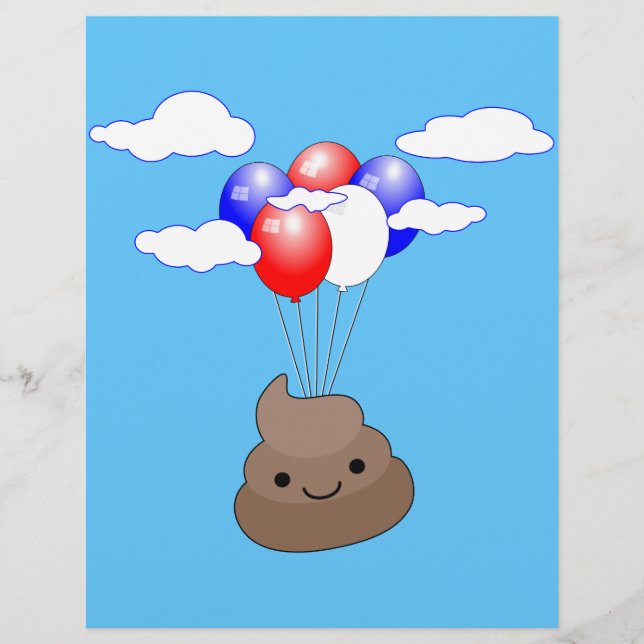 Poo Emoji Voando Com Balões No Céu Azul (Frente)