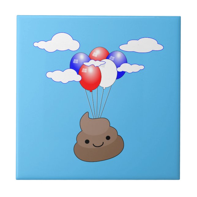 Poo Emoji Voando Com Balões No Céu Azul (Frente)