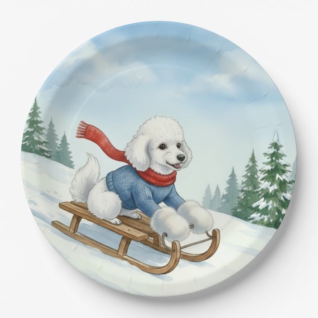 Poodle de Natal deslizando, Pratos de Papel (Frente)