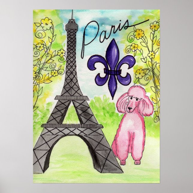 Poodle rosa na poster de Paris (Frente)