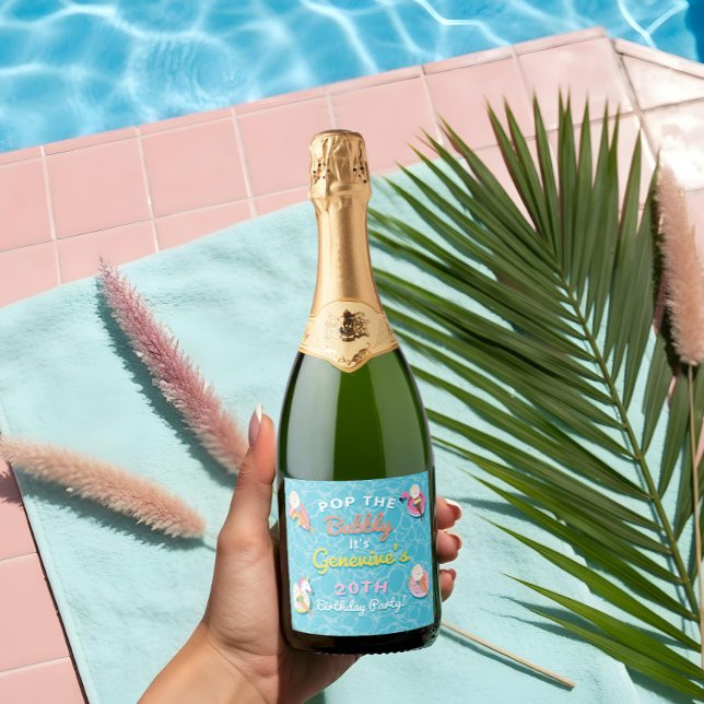 Pop A Piscina Diversão Influencia A Piscina Aniver (Pop The Bubbly Fun Pool Floats Pool Party Birthday Sparkling Wine Label)