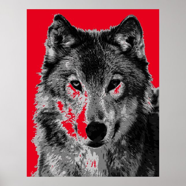 Pop Art Red Cinza Wolf Face Poster (Frente)