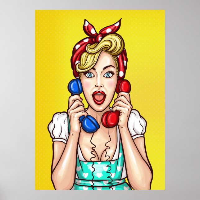 Pop Art Woman em Dois Telefones poster (Frente)