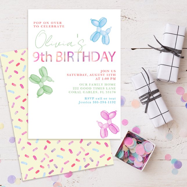 Pop em mais de 9.o Convite de Aniversário (pastel modern typography ninth birthday invitations)