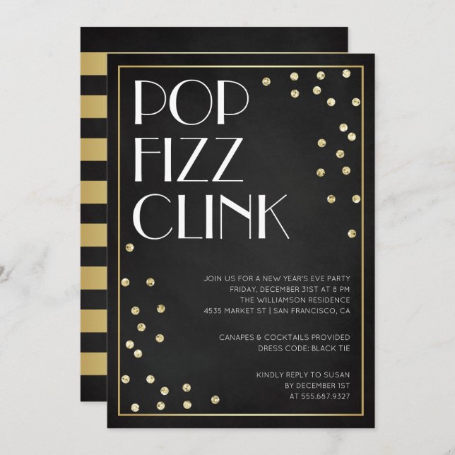 Pop Fizz Clink Convite de festas de Ano Novo (Frente/Verso)