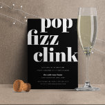 Pop moderno | Convite de festas de Ano Novo<br><div class="desc">Convites de festas modernos e minimalistas de Ano Novo apresentam estilo preto-e-branco-chico com "pop baru clink" em letras retrorreflectoras brancas de tamanho excessivo. Personalize com seus detalhes de celebração da Véspera de ano novo abaixo. Convites invertem-se para um padrão de estrelas coloridas a preto a branco.</div>