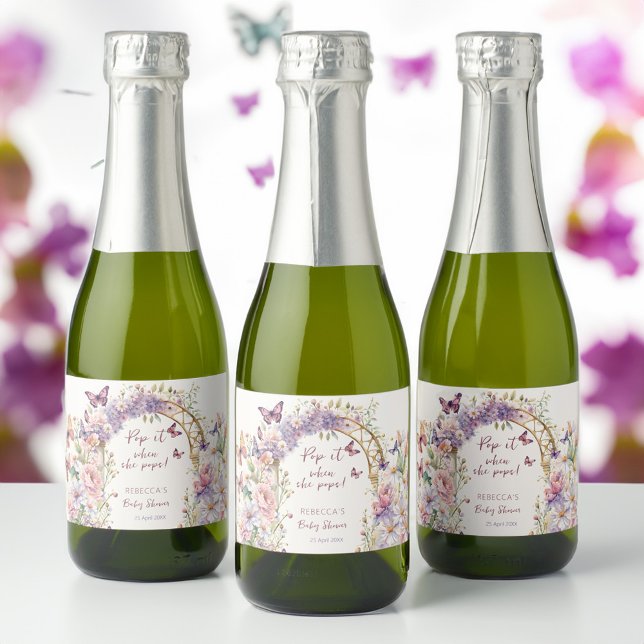 Pop quando ela pop o chá de fraldas das borboletas (Pop it when she pops butterflies baby shower sparkling wine label mini champagne labels favors)