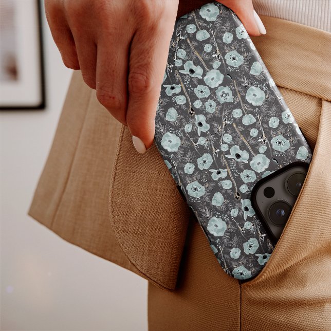 Poppies Cinza Azul Flores de Aquarela Preta iPhone (Poppies Gray Blue Black Watercolor Flowers by Jenn Steffen for Studio Posies.)