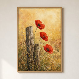 Poppies na Poster de Aquarela da Linha da Cerca