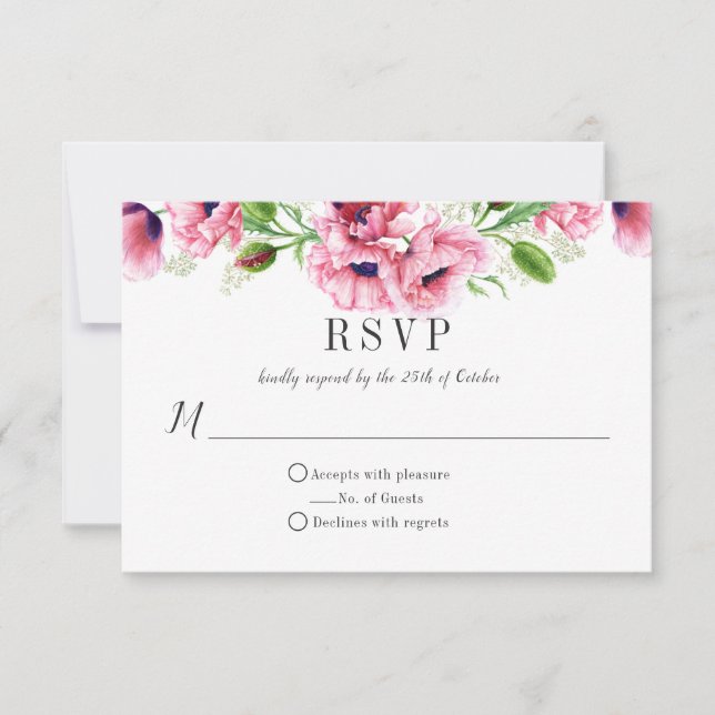 Poppies rosados de aquarela Greenery RSVP (Frente)