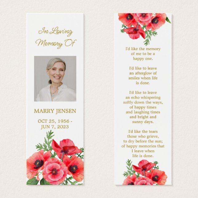 Poppy Floral Photo Funeral Memorial Bookmark (Frente & Verso)