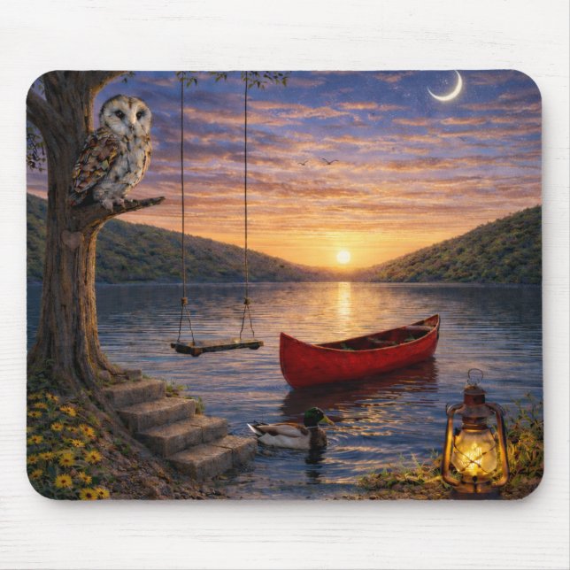 Pôr do Sol Canoa de Coruja do Lago Mouse Pad (Frente)