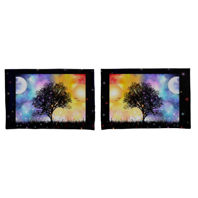 pôr do sol cósmico da lua solar com árvore negra (Frente - conjunto)