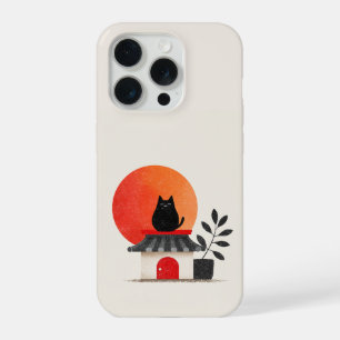Pôr do Sol Japonês Retrô Gato Preto no Telhado
