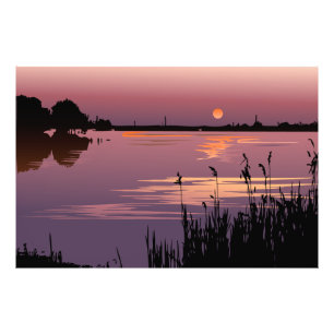 Por do sol no impressão da foto do lago