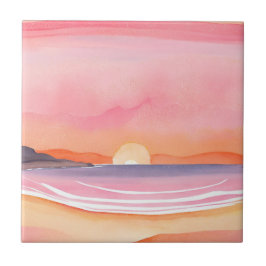 Pôr do sol rosa | Pintura do céu da praia em aquar